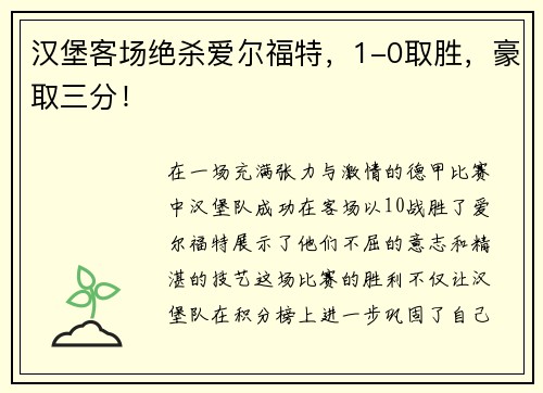 汉堡客场绝杀爱尔福特，1-0取胜，豪取三分！